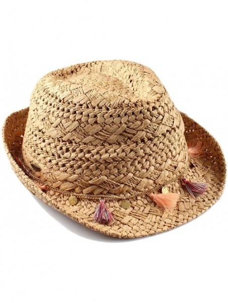 Fedoras UPF50+ Adjustable Multicolor Woven Pattern Short Brim Fedora Hat - Natural W/ Tassels - CO18OA6NO4Q $20.32