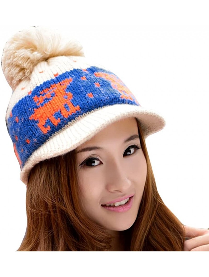 Skullies & Beanies Women Girl Reindeer Pattern Knit Hat Brim Cap Winter Warm FFH074BEI Beige - Beige - CI11HVRZWMX $22.55