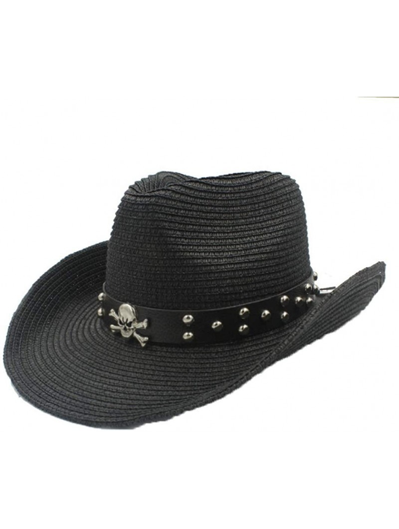 Cowboy Hats Unisex Wide Brim Straw Cowboy Hat Summer Outback Beach Sun Cap with Leather Belt - Black - CR18S5T6IZA $31.20