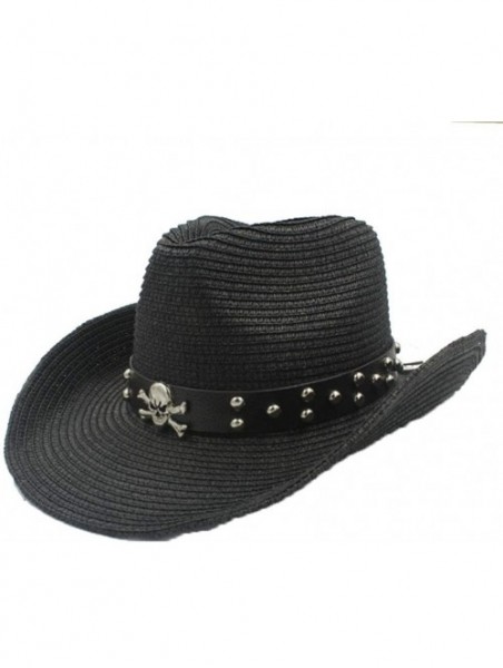 Cowboy Hats Unisex Wide Brim Straw Cowboy Hat Summer Outback Beach Sun Cap with Leather Belt - Black - CR18S5T6IZA $31.20