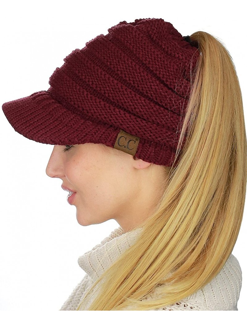 Skullies & Beanies BeanieTail Warm Knit Messy High Bun Ponytail Visor Beanie Cap - Maroon - C918GRXCN4L $20.00