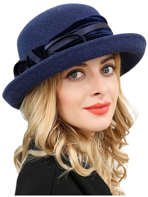 Fedoras Women Wool Felt Hat Wide Brim Fedora Hats Retro Bowler Floppy Church Cap - Navy Blue - CR18KHM8DC7 $48.22