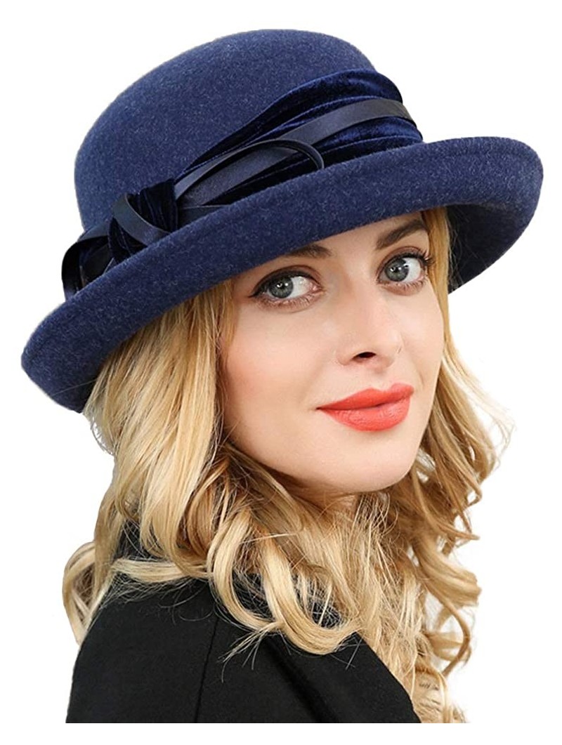 Fedoras Women Wool Felt Hat Wide Brim Fedora Hats Retro Bowler Floppy Church Cap - Navy Blue - CR18KHM8DC7 $48.22