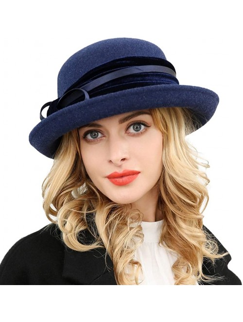 Fedoras Women Wool Felt Hat Wide Brim Fedora Hats Retro Bowler Floppy Church Cap - Navy Blue - CR18KHM8DC7 $48.22