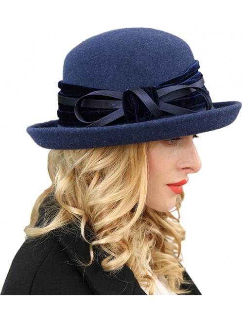 Fedoras Women Wool Felt Hat Wide Brim Fedora Hats Retro Bowler Floppy Church Cap - Navy Blue - CR18KHM8DC7 $48.22