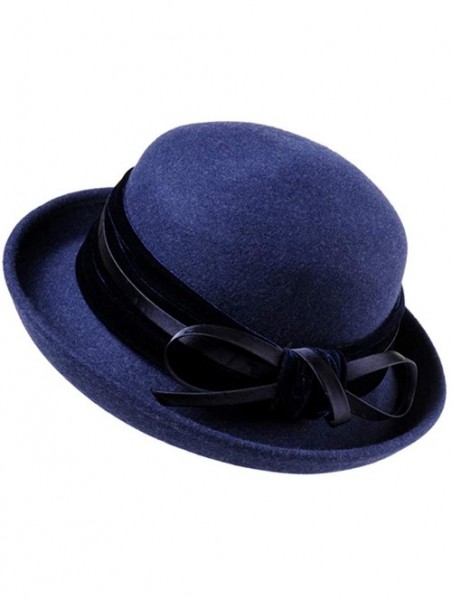 Fedoras Women Wool Felt Hat Wide Brim Fedora Hats Retro Bowler Floppy Church Cap - Navy Blue - CR18KHM8DC7 $48.22