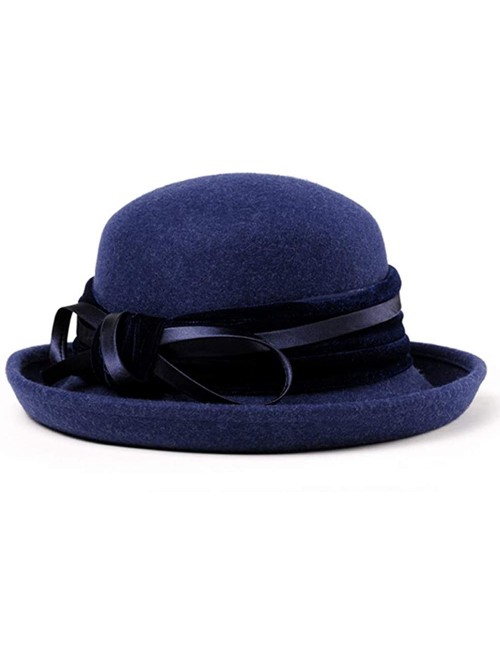 Fedoras Women Wool Felt Hat Wide Brim Fedora Hats Retro Bowler Floppy Church Cap - Navy Blue - CR18KHM8DC7 $48.22