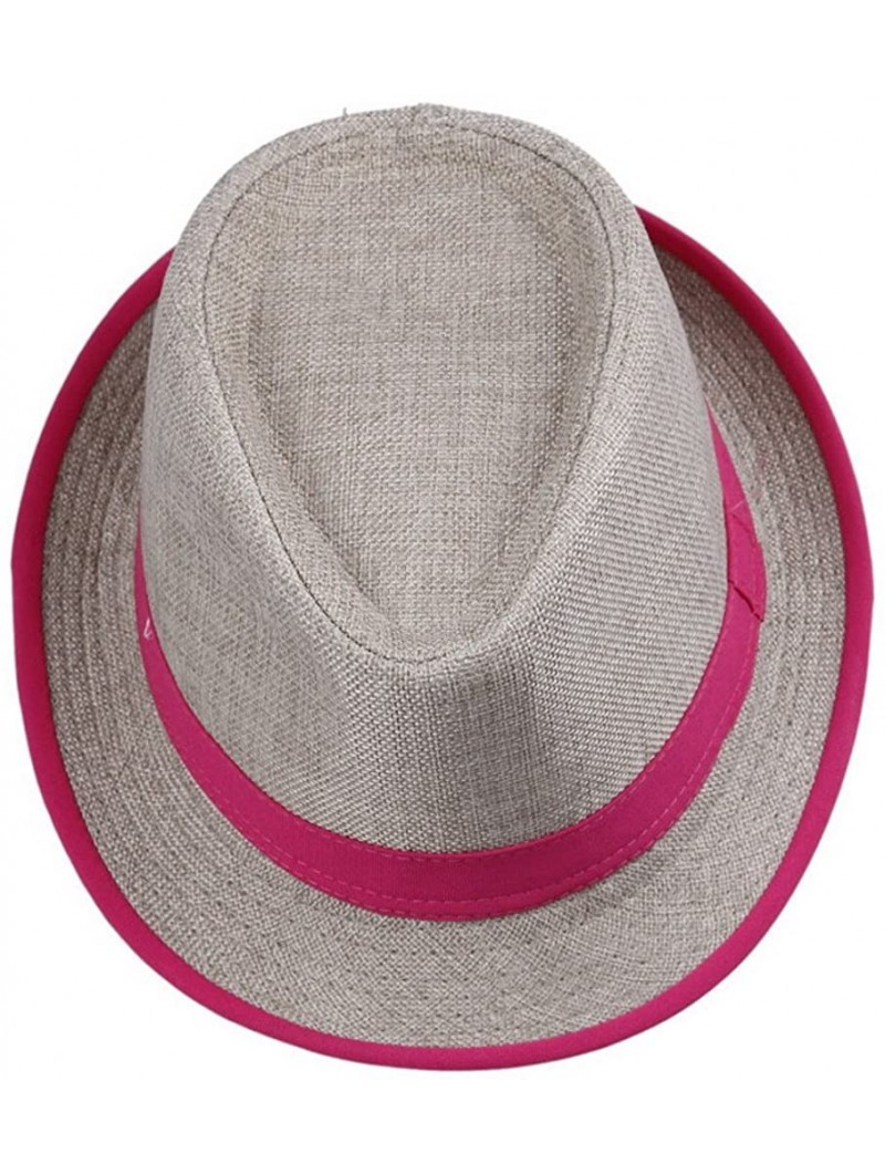 Fedoras Unisex Men Women Flax Fedora Band Trilby Hat Beach Sun Jazz Cap - Rose Red - CW11L9QJ8ZT $9.83