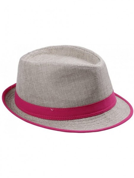 Fedoras Unisex Men Women Flax Fedora Band Trilby Hat Beach Sun Jazz Cap - Rose Red - CW11L9QJ8ZT $9.83