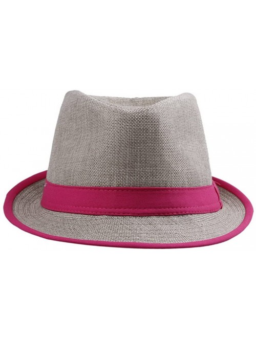 Fedoras Unisex Men Women Flax Fedora Band Trilby Hat Beach Sun Jazz Cap - Rose Red - CW11L9QJ8ZT $9.83