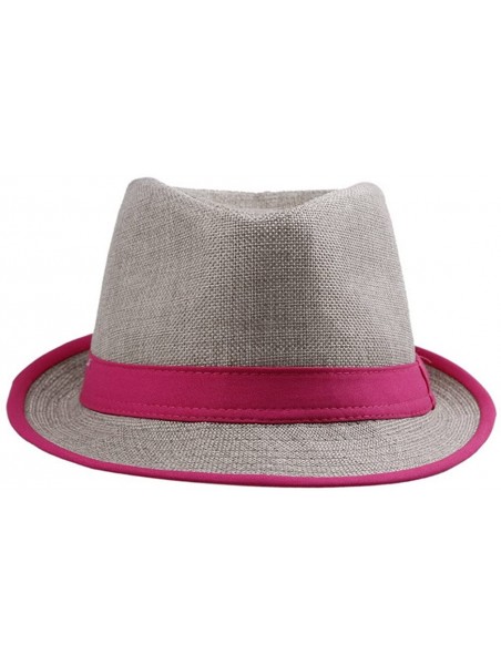 Fedoras Unisex Men Women Flax Fedora Band Trilby Hat Beach Sun Jazz Cap - Rose Red - CW11L9QJ8ZT $9.83