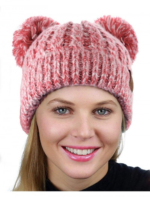 Skullies & Beanies 2 Ear Pom Pom Cable Knit Soft Stretch Cuff Skully Beanie Hat - 2 Tone Hot Pink - CW18AUU8C9R $20.52