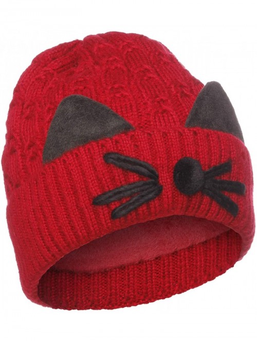 Skullies & Beanies Women's Double Pom Pom Beanie Warm Winter Knit Hat Cute Animal Look - Cat Whiskers - Burgundy - CY18K6RSEO...