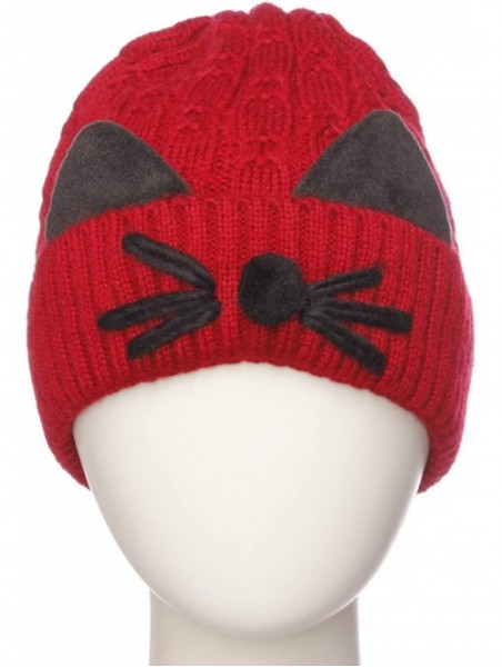 Skullies & Beanies Women's Double Pom Pom Beanie Warm Winter Knit Hat Cute Animal Look - Cat Whiskers - Burgundy - CY18K6RSEO...