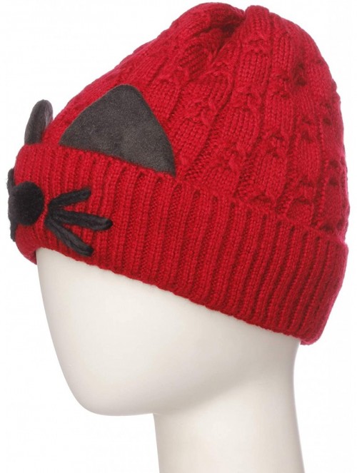 Skullies & Beanies Women's Double Pom Pom Beanie Warm Winter Knit Hat Cute Animal Look - Cat Whiskers - Burgundy - CY18K6RSEO...