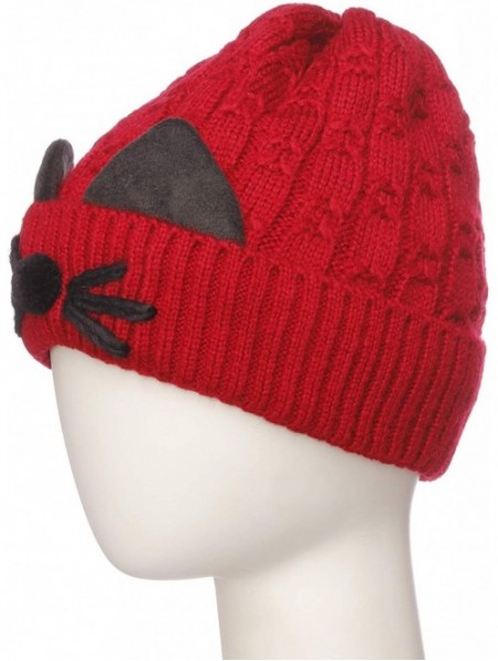 Skullies & Beanies Women's Double Pom Pom Beanie Warm Winter Knit Hat Cute Animal Look - Cat Whiskers - Burgundy - CY18K6RSEO...