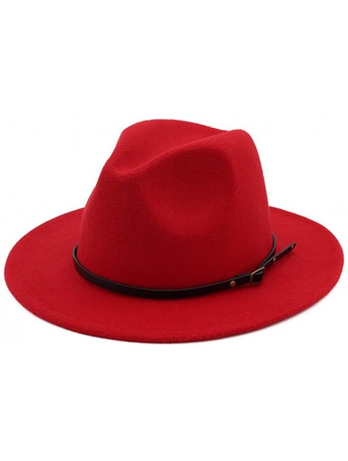 Fedoras Womens Classic Wide Brim Floppy Panama Hat Belt Buckle Wool Fedora Hat - Red - C218SH590AS $10.54