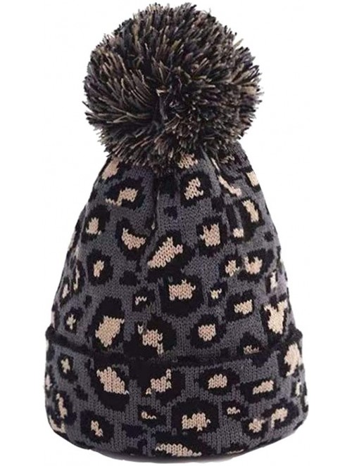 Skullies & Beanies Women Knit Hats Warm Leopard Beanie with Pom - Dark Grey - CS18UD85U36 $14.21