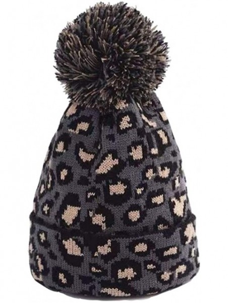 Skullies & Beanies Women Knit Hats Warm Leopard Beanie with Pom - Dark Grey - CS18UD85U36 $14.21