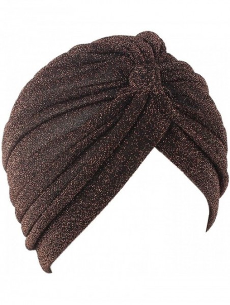 Skullies & Beanies Shiny Turban Hat Headwraps Twist Pleated Hair Wrap Stretch Turban - Brown Paillette - CL18ARN8KXS $14.83