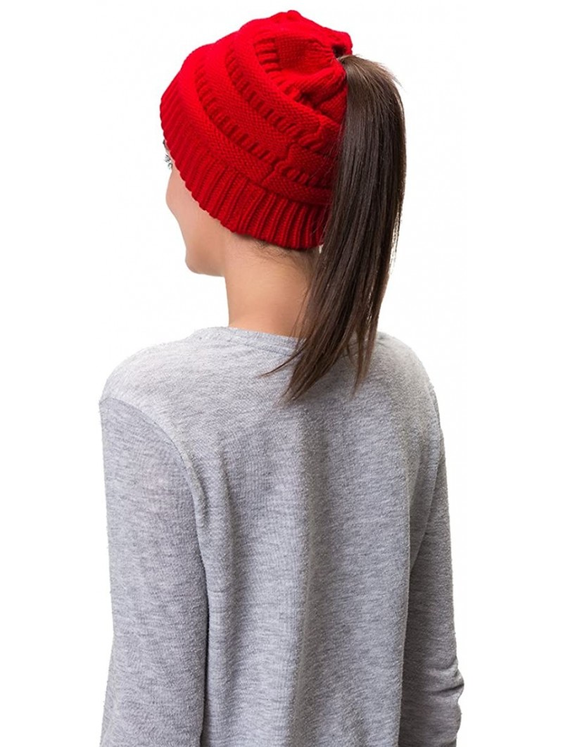 Skullies & Beanies Women Cable Knit BeanieTail Messy Bun Ponytail Cap Warm Winter Beanie Hat - Red - CF18WOR0U3T $10.56