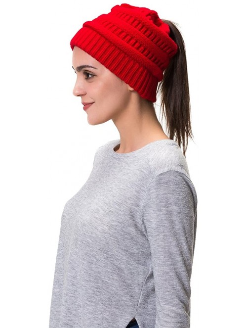 Skullies & Beanies Women Cable Knit BeanieTail Messy Bun Ponytail Cap Warm Winter Beanie Hat - Red - CF18WOR0U3T $10.56