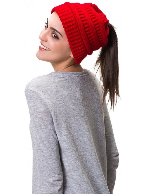 Skullies & Beanies Women Cable Knit BeanieTail Messy Bun Ponytail Cap Warm Winter Beanie Hat - Red - CF18WOR0U3T $10.56