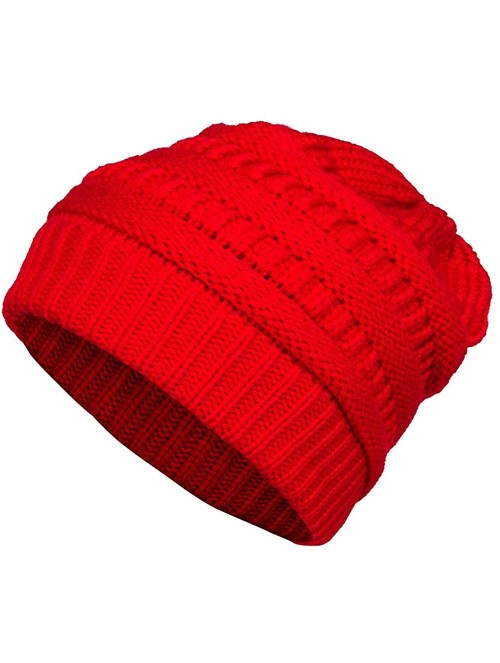 Skullies & Beanies Women Cable Knit BeanieTail Messy Bun Ponytail Cap Warm Winter Beanie Hat - Red - CF18WOR0U3T $10.56