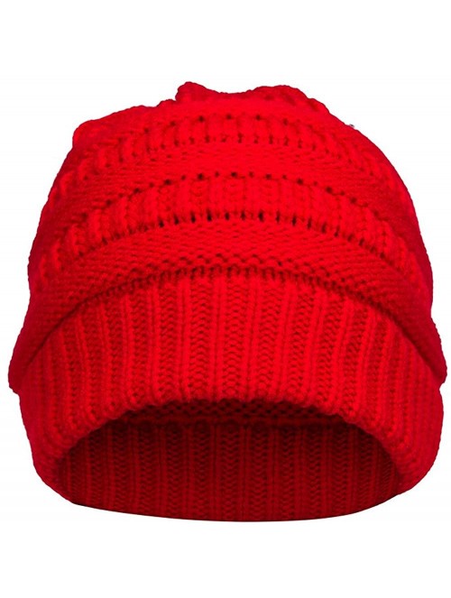 Skullies & Beanies Women Cable Knit BeanieTail Messy Bun Ponytail Cap Warm Winter Beanie Hat - Red - CF18WOR0U3T $10.56