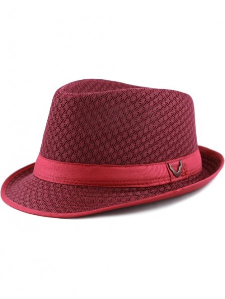 Fedoras Black Horn Light Weight Classic Soft Cool Mesh Fedora hat - Burgundy - CY186SHTZIO $18.09