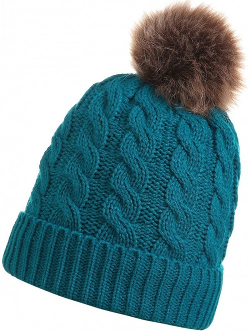 Skullies & Beanies Women's Winter Ribbed Knit Faux Fur Pompoms Chunky Lined Beanie Hats - Dark Green - CD18Z2DN548 $12.69