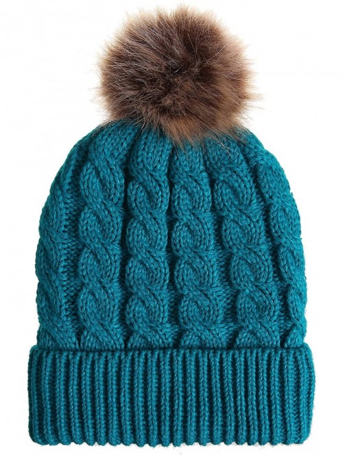 Skullies & Beanies Women's Winter Ribbed Knit Faux Fur Pompoms Chunky Lined Beanie Hats - Dark Green - CD18Z2DN548 $12.69