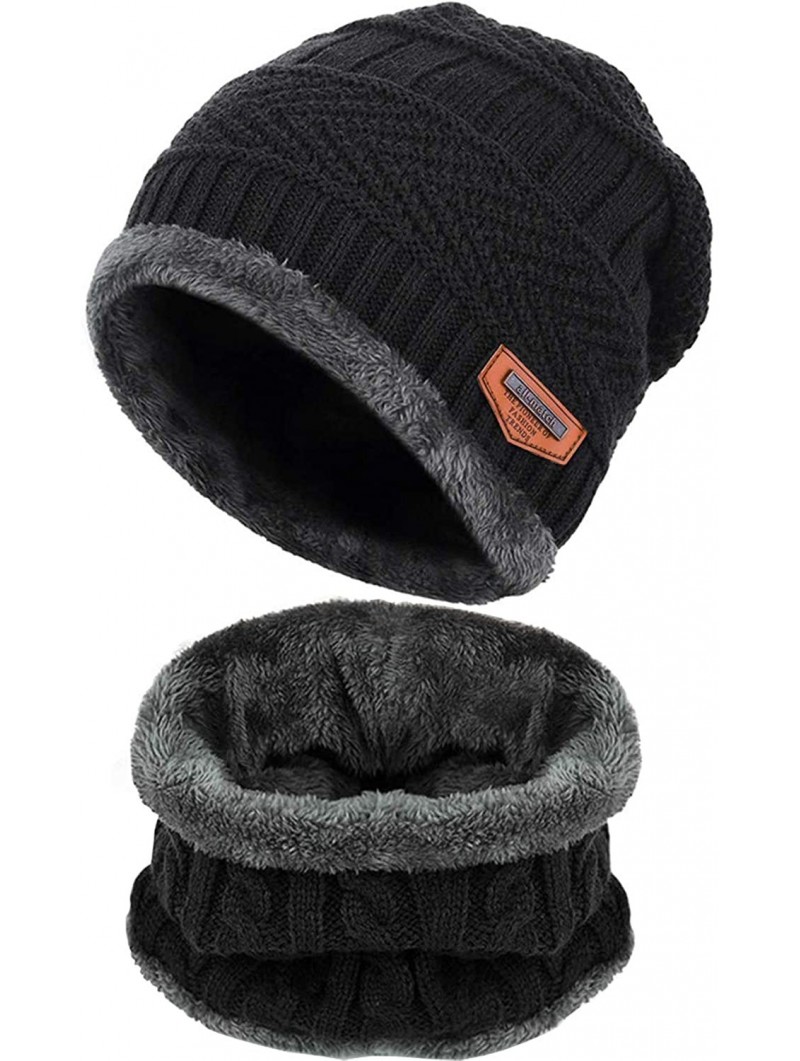 Skullies & Beanies Winter Beanie hat- Warm Knit Hat Thick Fleece Lined Winter Hat for Men Women - Black+scarf - CN18YKLLM77 $...