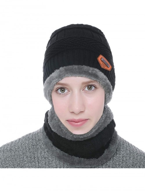 Skullies & Beanies Winter Beanie hat- Warm Knit Hat Thick Fleece Lined Winter Hat for Men Women - Black+scarf - CN18YKLLM77 $...