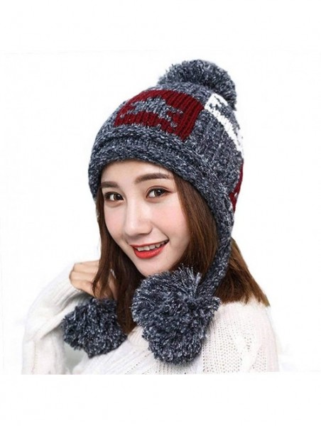 Skullies & Beanies Women Winter Thick Beanie Hat Warm Cable Knitted Ski Earflaps Pom Pom Caps - Deep Grey - C918K6G88HQ $16.04