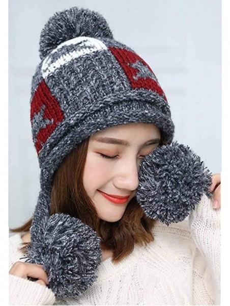 Skullies & Beanies Women Winter Thick Beanie Hat Warm Cable Knitted Ski Earflaps Pom Pom Caps - Deep Grey - C918K6G88HQ $16.04