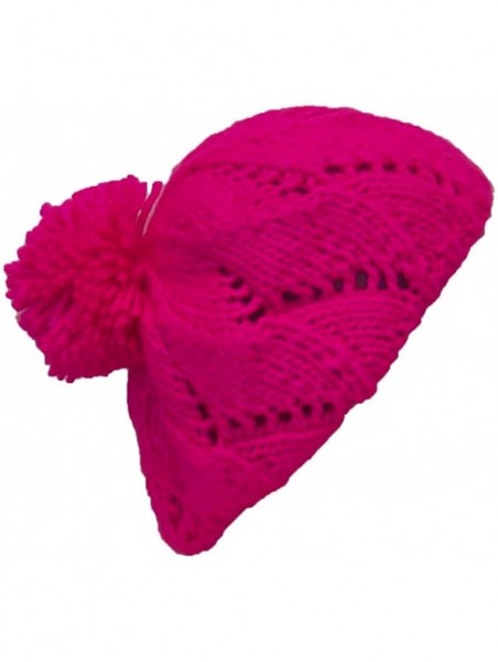 Berets Hand Knit Solid Color Twist Knit Winter Beret W/Large Pom Pom(One Size) - Neon Pink - C211P3DFOS9 $11.64