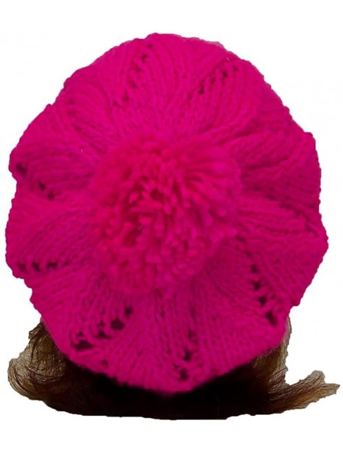 Berets Hand Knit Solid Color Twist Knit Winter Beret W/Large Pom Pom(One Size) - Neon Pink - C211P3DFOS9 $11.64