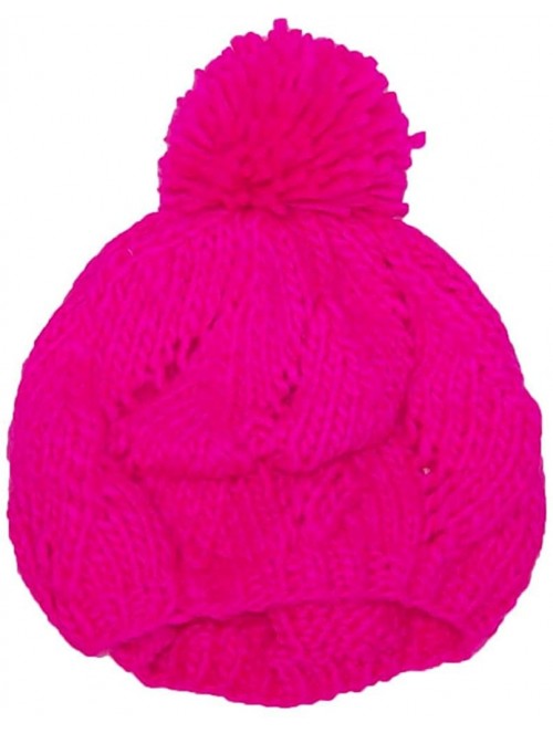 Berets Hand Knit Solid Color Twist Knit Winter Beret W/Large Pom Pom(One Size) - Neon Pink - C211P3DFOS9 $11.64