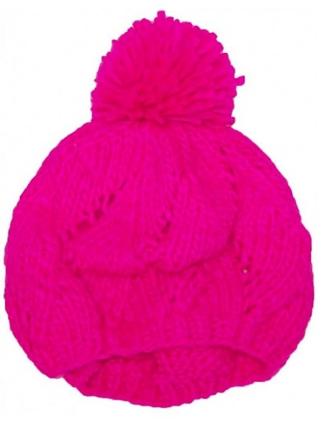 Berets Hand Knit Solid Color Twist Knit Winter Beret W/Large Pom Pom(One Size) - Neon Pink - C211P3DFOS9 $11.64