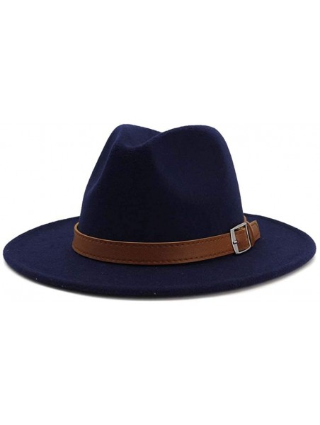 Fedoras Classic Men & Women Wide Brim Fedora Panama Hat with Belt Buckle - Navy - CU18RZAWYZA $19.26