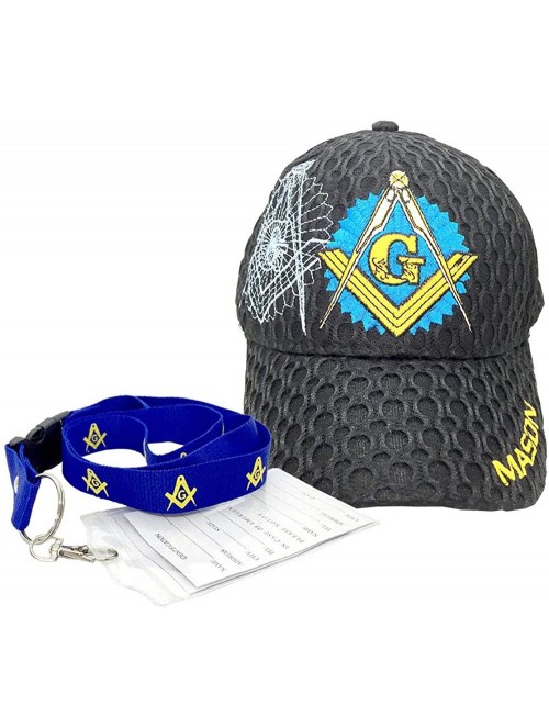Baseball Caps Freemason Mason Symbol Adjustable 3D Embroidery Baseball Mesh Cap Hat w/Lanyard - Black 2 - CB188N28T6G $16.58