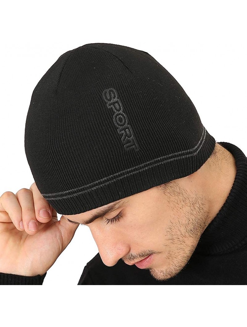 Skullies & Beanies Mens Winter Sport Beanie Hat Warm Knit Hats with Lining Unisex Tactical Plain Ski Skull Cap - Black - CA18...