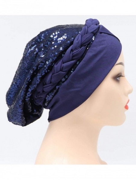 Skullies & Beanies Chemo Cancer Braid Turban Cap Ethnic Bohemia Twisted Hair Cover Wrap Turban Headwear - Sequins Circle Navy...