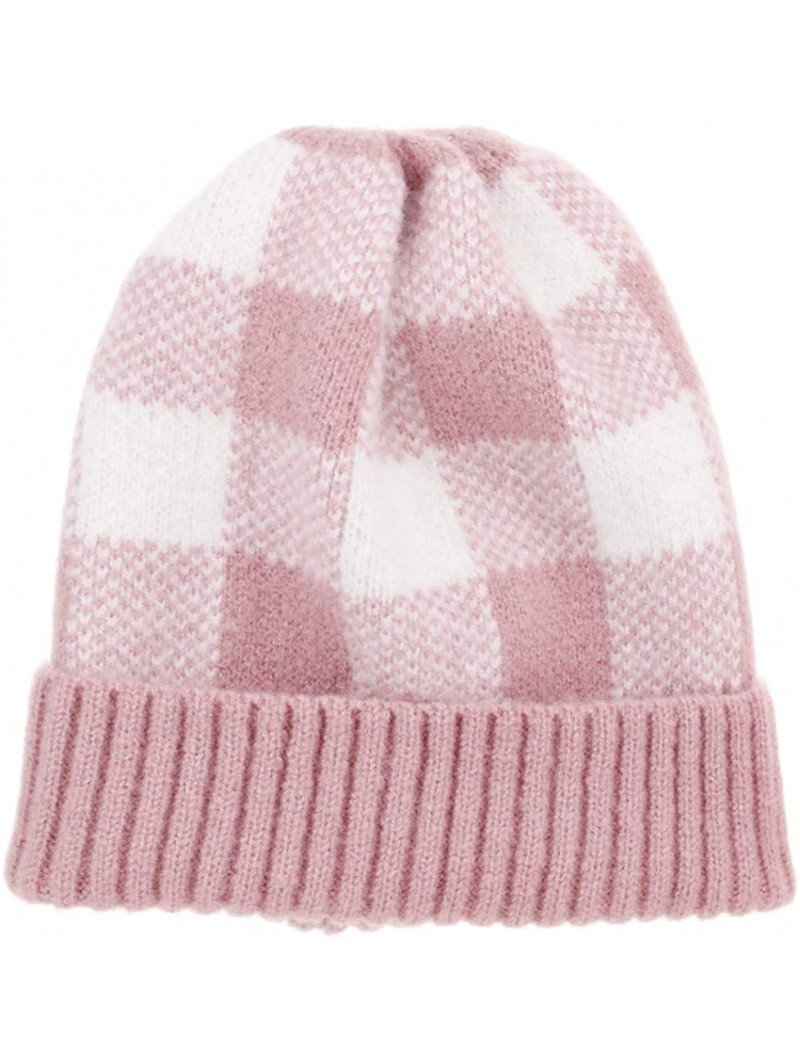 Skullies & Beanies Winter Soft Stretch Buffalo Plaid Cuff Beanie Hat Thick Chunky Warm Knit Skull Ski Cap - Pink/White - CX18...