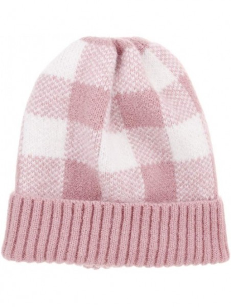 Skullies & Beanies Winter Soft Stretch Buffalo Plaid Cuff Beanie Hat Thick Chunky Warm Knit Skull Ski Cap - Pink/White - CX18...