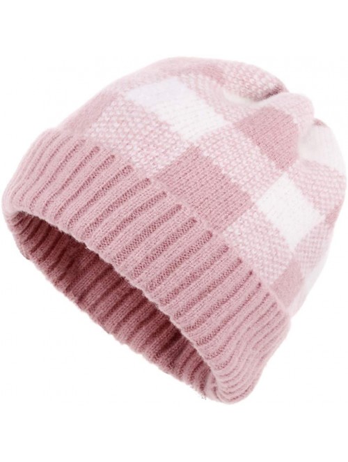 Skullies & Beanies Winter Soft Stretch Buffalo Plaid Cuff Beanie Hat Thick Chunky Warm Knit Skull Ski Cap - Pink/White - CX18...