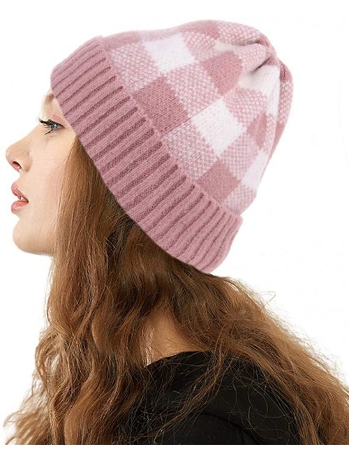 Skullies & Beanies Winter Soft Stretch Buffalo Plaid Cuff Beanie Hat Thick Chunky Warm Knit Skull Ski Cap - Pink/White - CX18...