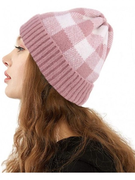 Skullies & Beanies Winter Soft Stretch Buffalo Plaid Cuff Beanie Hat Thick Chunky Warm Knit Skull Ski Cap - Pink/White - CX18...