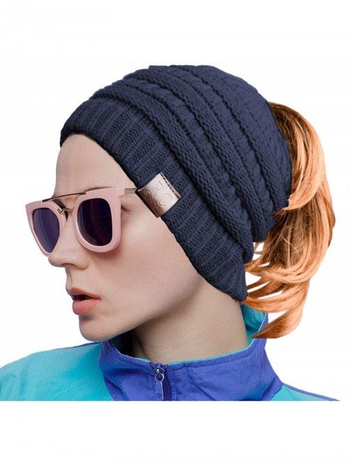 Skullies & Beanies Women Ponytail Beanie Messy Bun Style Hat Stretchy Cable Knit Wool Slouchy Skull Winter - Navy - CX18L7UWE...